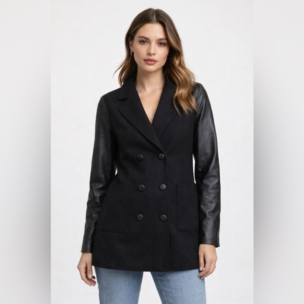 RARE St.John Nordstrom Wool,Leather Jacket Sz12 Hand Sewn Blazer double breast